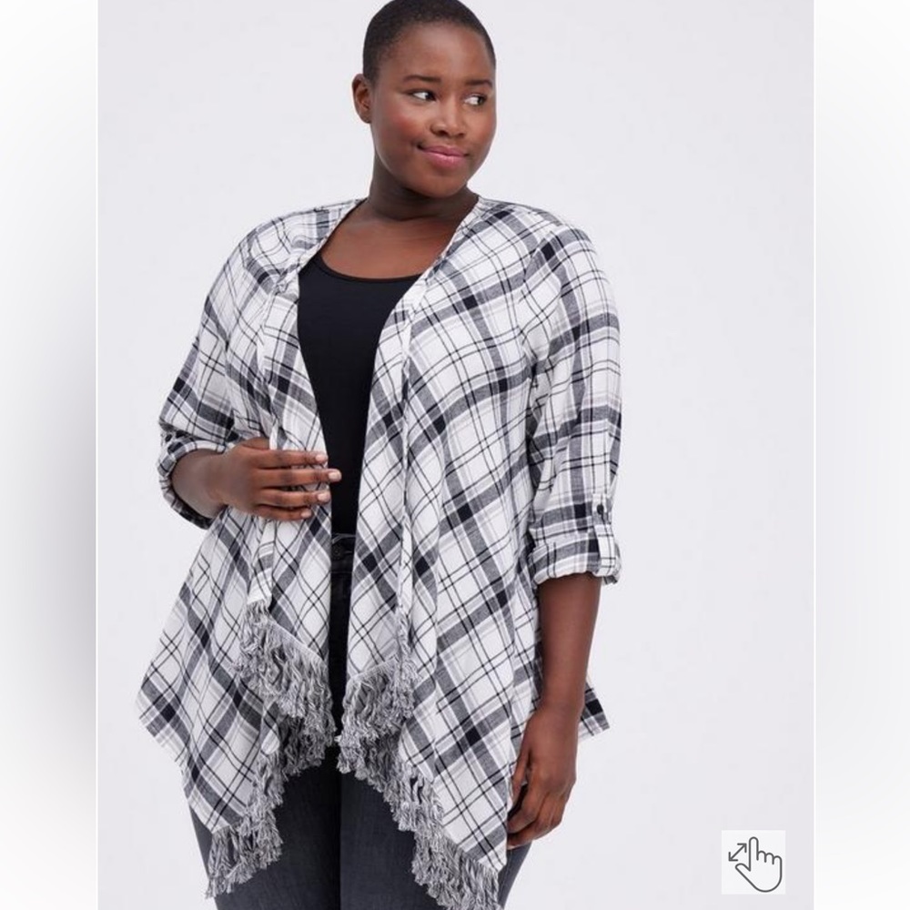 Torrid Flannel Drape Fringe Jacket